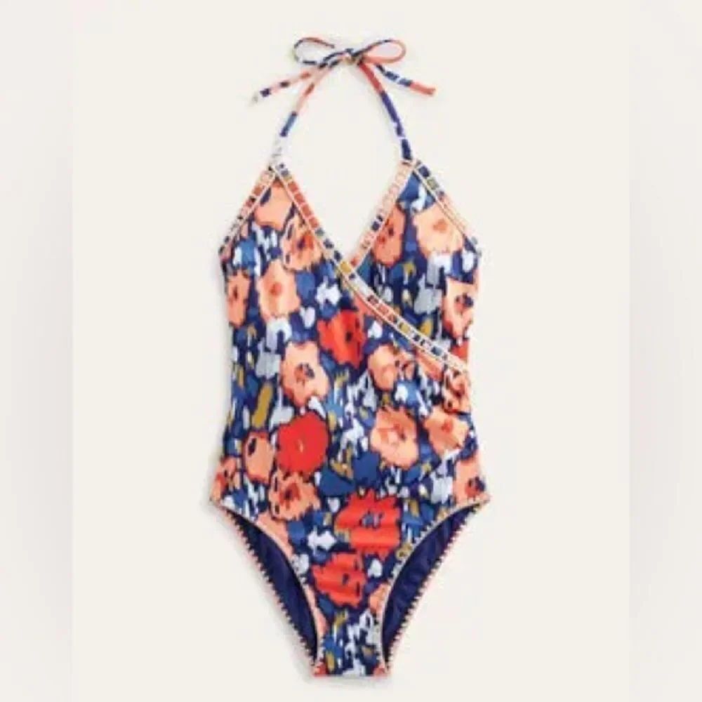 Boden | Crochet Trim Wrap One Piece Swimsuit Navy, Abstract Poppy |  14